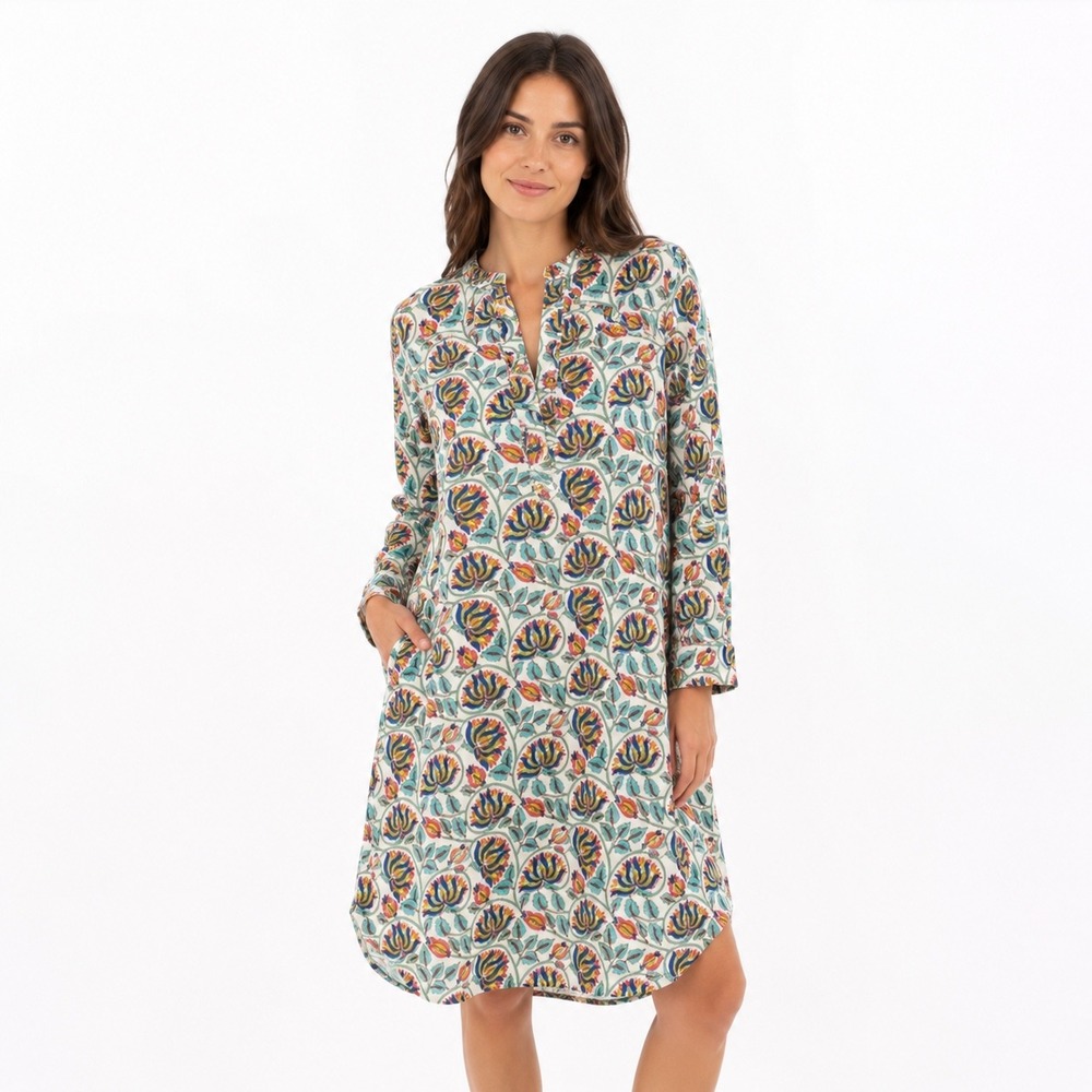 Livro Floral Block Print Cotton Shirt Dress Women Small Boho Coastal Pockets
